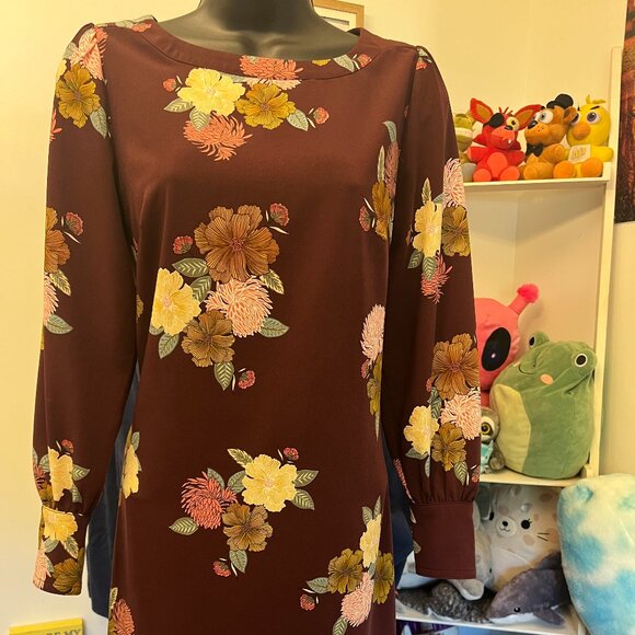 Loft Women's Burgundy Floral Long Sleeve Dress Petite Size 2 - Picture 1 of 5